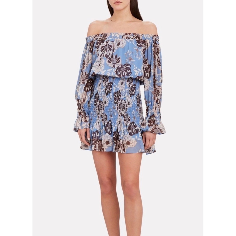 Alexis Rezika Blue Floral Smocked Off The Shoulder Mini Dress Chiffon S